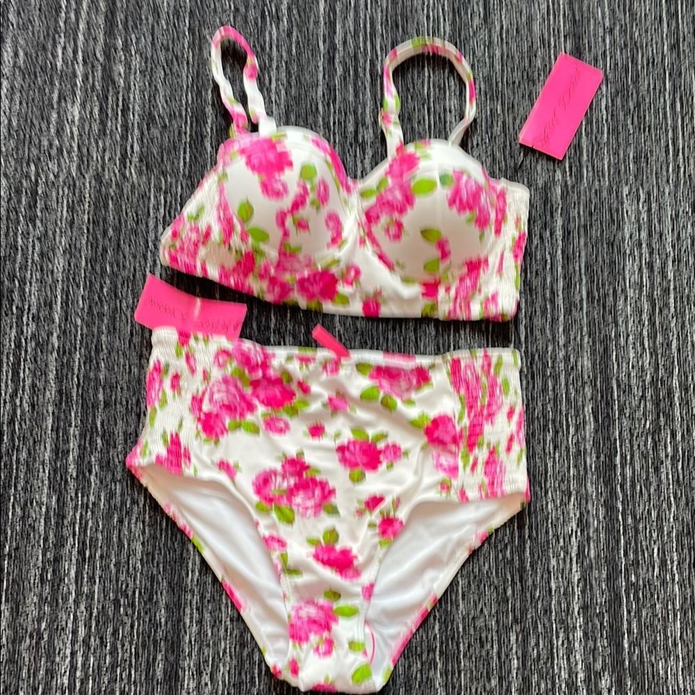 Betsey Johnson Love Always Pink Rose Corset High Waist Bikini Set NWT